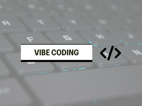 Blurred keyboard close-up with 'VIBE CODING' text overlay and a code brackets icon, Rundit logo